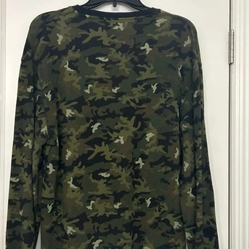 Polo Ralph Lauren Fitted Camo Waffle Knit Thermal Shirt XL Y2K Grunge Streetwear